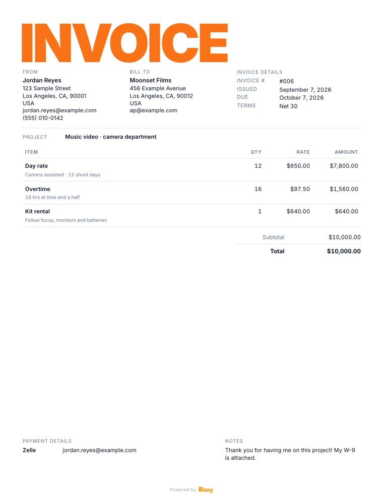 Invoice #006 from Jordan Reyes to Moonset Films: day rate, overtime and kit rental, $10,000.00 total, due October 7, 2026.