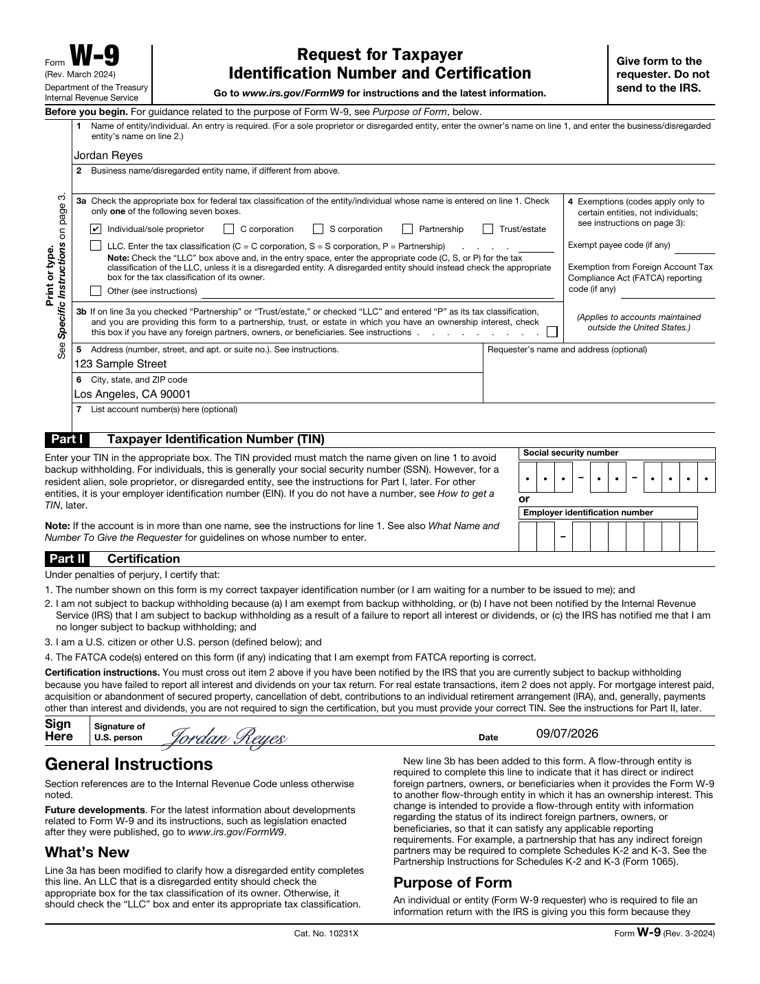 Form W-9 filled in for Jordan Reyes, individual, 123 Sample Street, Los Angeles, CA 90001, signed September 7, 2026. Tax ID hidden.